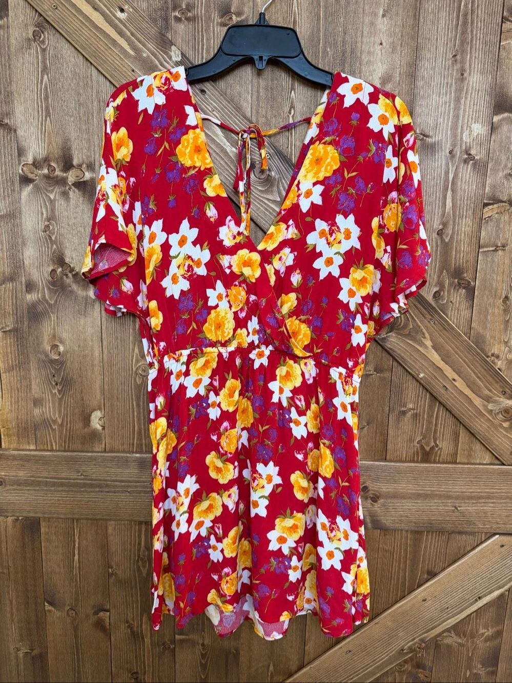 & Other Stories Women’s Size 10 Red Floral V-Neck Short Sleeve Mini Dress (9444)